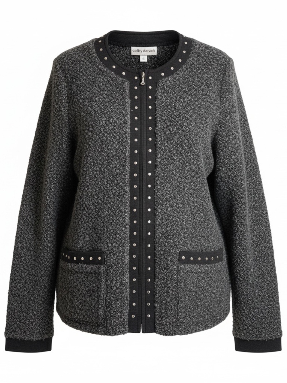 Cathy Daniels Women XL Boucle Jacket Gray Black Rhinestone Stud Zip Cardigan